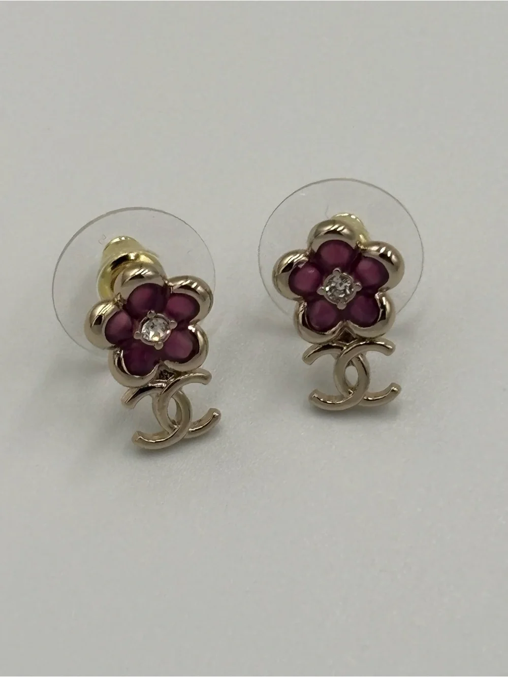 Chanel CC Gold Tone Pink Enamel Camellia Flower Crystal Stud Earrings - Picture 1 of 5